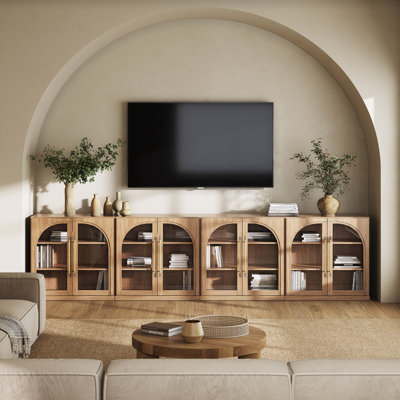 Ensemble de 4 buffet modulaire avec porte en verre arquée et tablettes réglables, brun clair