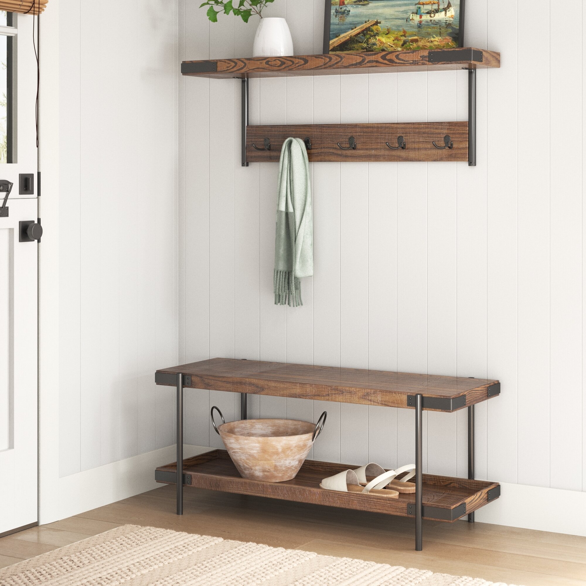Sebastianne 42 W Industrial Rustic Wooden Metal Wall Mounted Coat Rack And  Bench Set With Storage