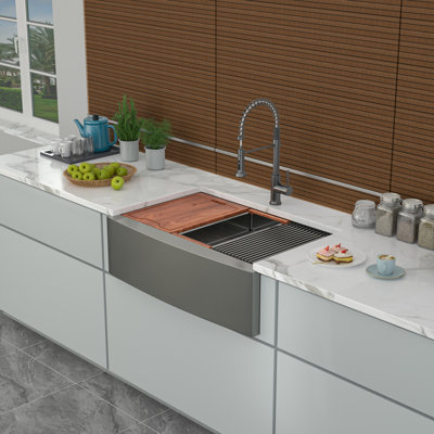 Domineca 33'' L Farmhouse / Apron Double Bowl Stainless Steel Kitchen Sink