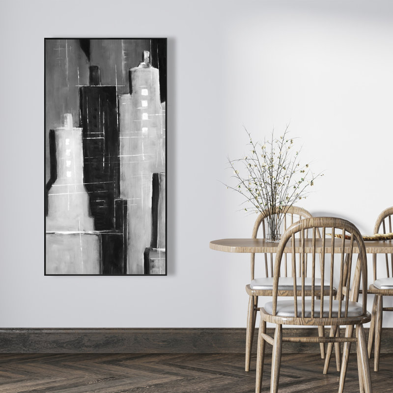 Abstrait paysage urbain noir et blanc - art industriel sur toile, H 49,25 po x l 25,25 po