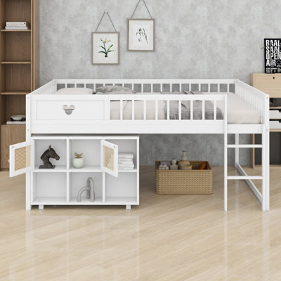 Lit mezzanine avec tablette de rangement et armoire tissée pour enfants avec décoration d'ours