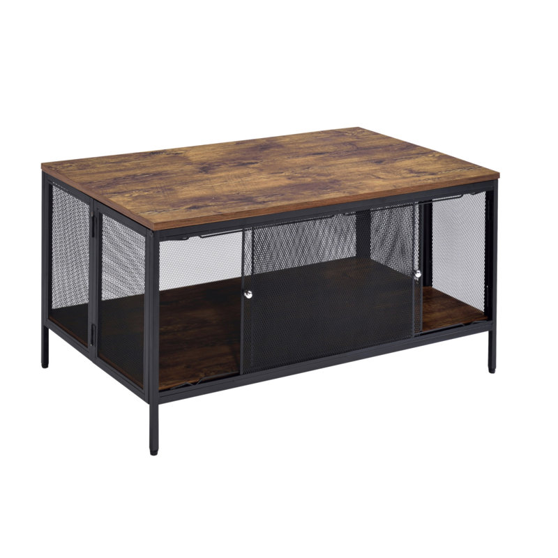 Table basse en chêne antique et noir avec 4 portes coulissantes