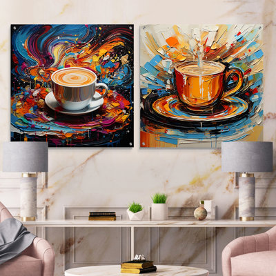 Multicolor Popart Coffee Cup - Coffee Acrylic Wall Art Glass Set Of 2