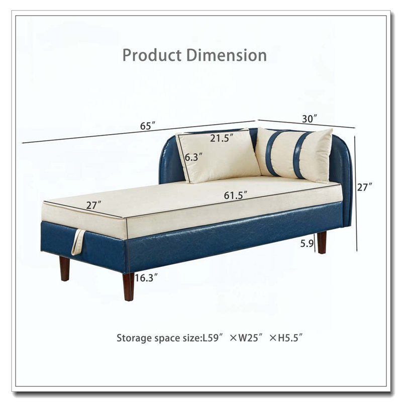65" Storage Chaise Lounge chair, Beige et bleu