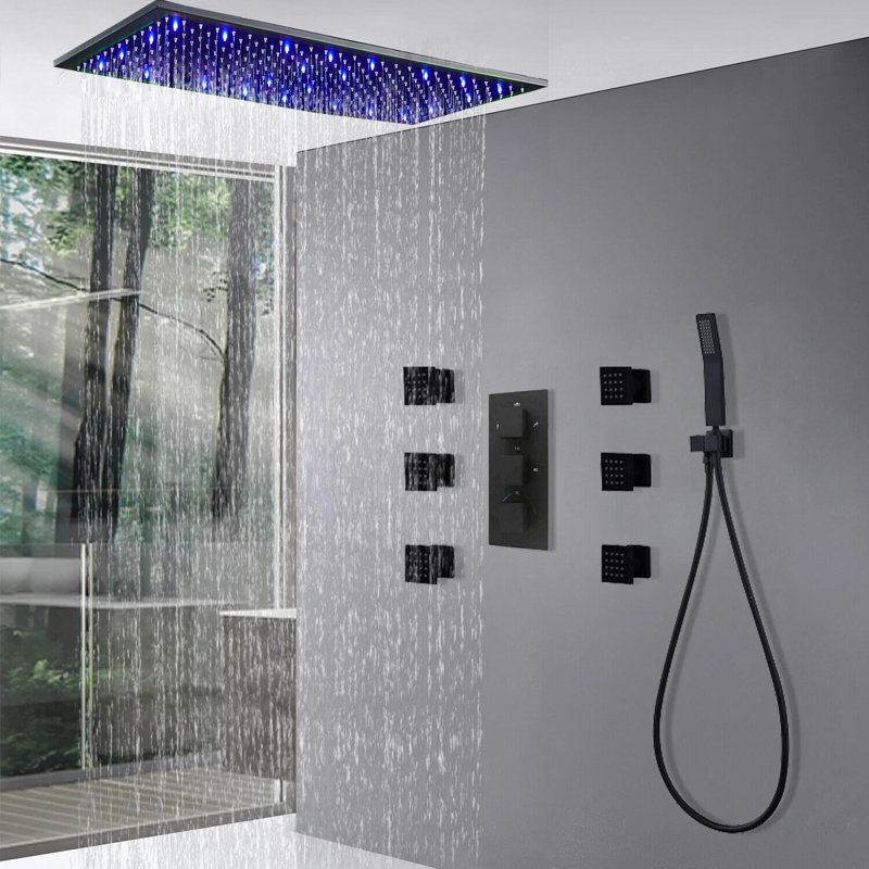 16"X32" Shower Faucet System Massage Jet Bathroom LED Rain Black Thermostatic