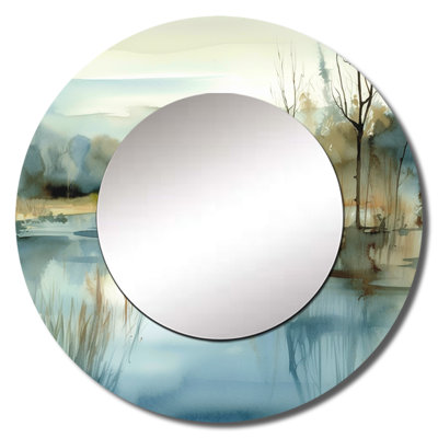 Summer Lake Landscape Illustration V - Lake Decorative Mirror, Blue Round Wall Mirror, Printed Metal Art