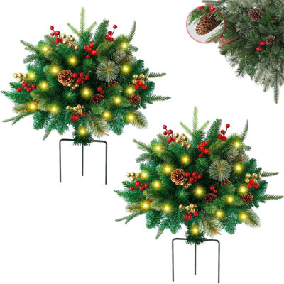 2pcs Pre-lit Artificial Christmas Tree Urn Filler, Gettoreach Lighted Holiday Planter Filler, Outdoor Christmas Tree with Tripod Stake with 60 LED Lights for Porch, Yard, Garden