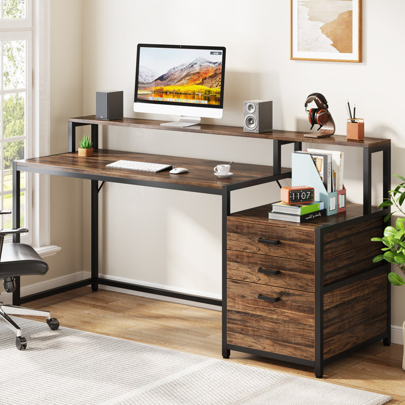 Metal Base Computer Desk, Brown, Black/Brown