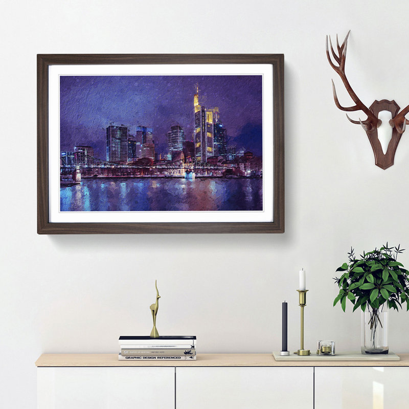 The Frankfurt Skyline in Germany at Night - Picture Frame Painting Print, 27cm H x 36cm W x 2cm D, Walnut Framed