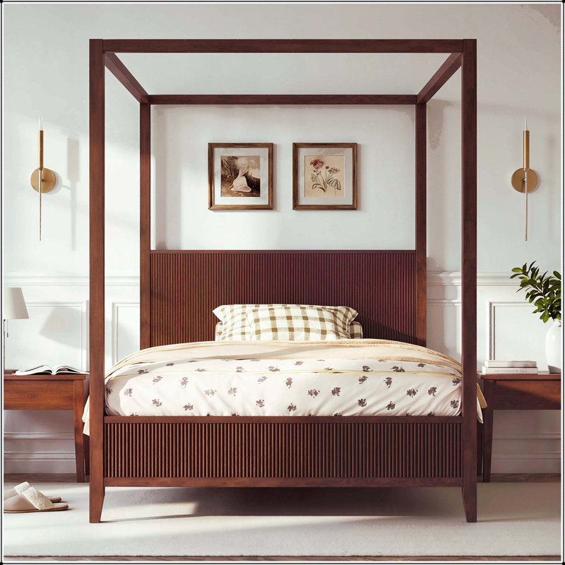 Grand lit plateforme à baldaquin en bois - Canapé, Beige, Grand lit