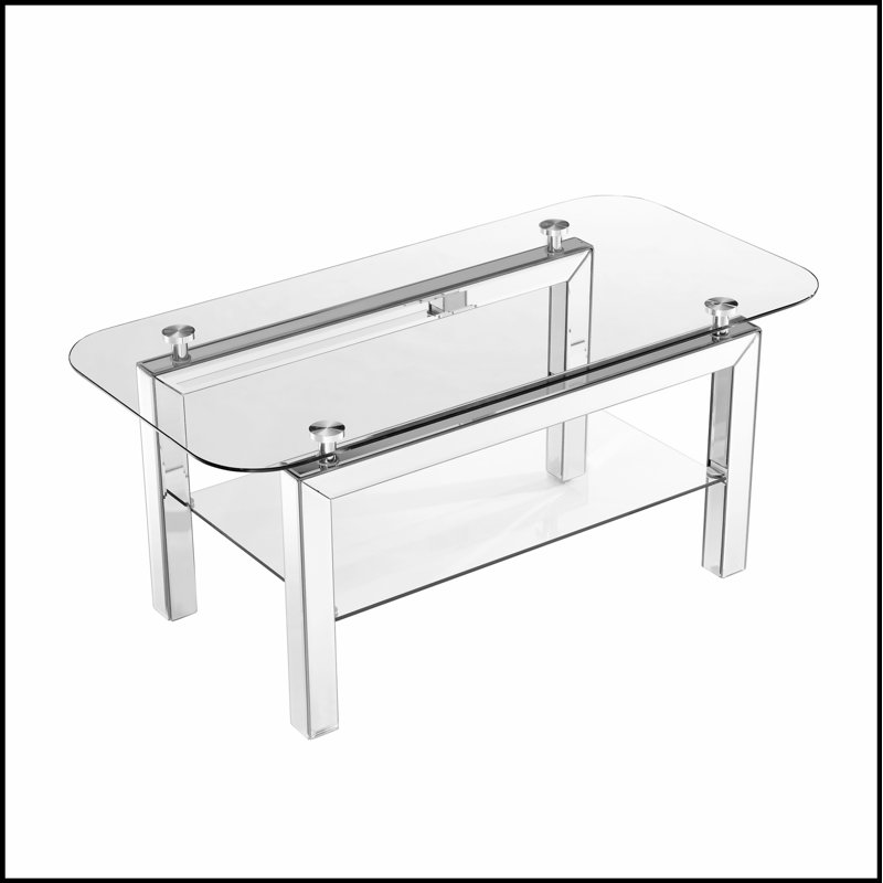 Rectangle Tempered Glass Coffee Table for Living Room, Modern Side Table with Mirrored Stainless Legs and Lower Shelf, Silver