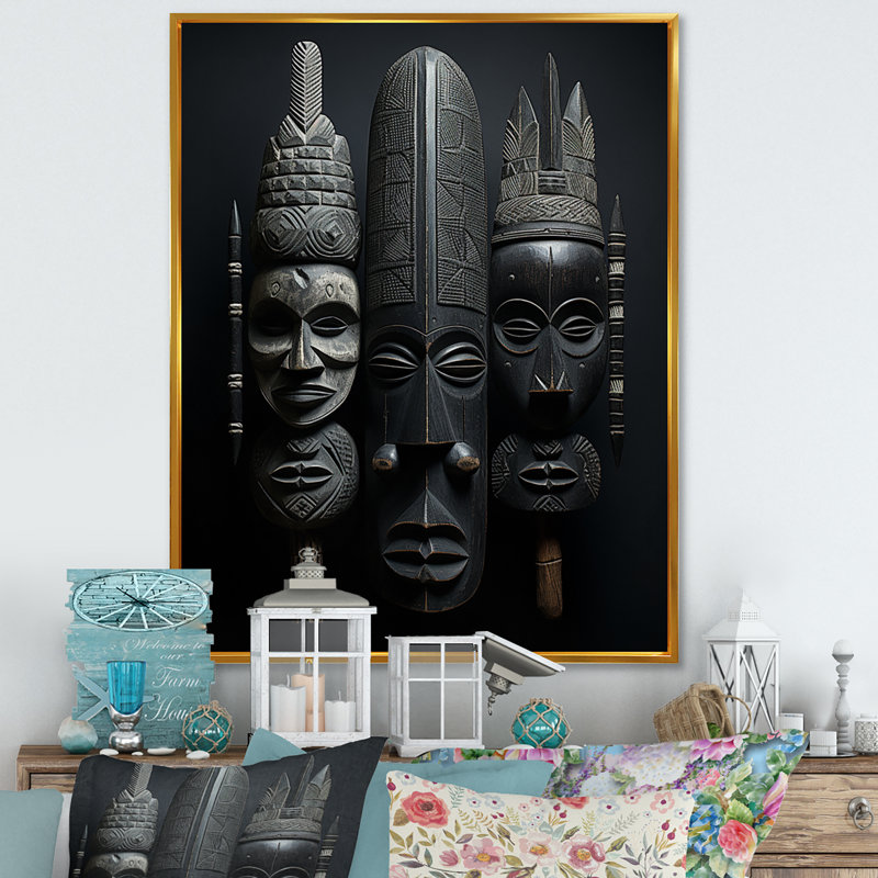 Masque africain sur toile Laesha, H 40 po x l 30 po x P 1,5 po, Cadre flottant doré