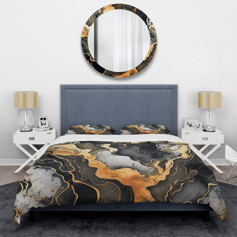Ensemble de housse de couette fractale dorée et grise scintillante II, Housse de couette pour très grand lit et 2 très 