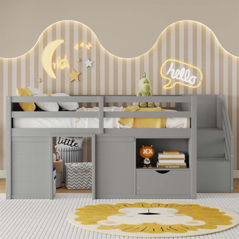 Structure de lit mezzanine basse en bois massif avec escalier intégré, tiroir de rangement et tablette pour chambre d'enfant, conception peu encombrante et multifonctionnelle (sans matelas)