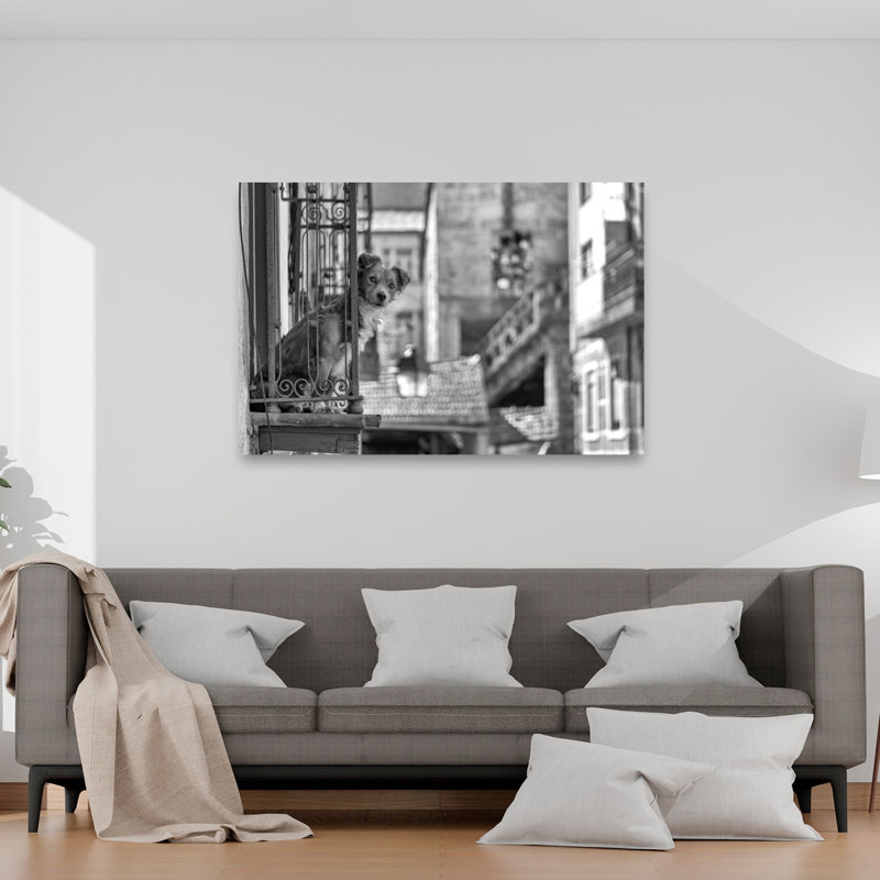 Curious Dog On Balcony Classic Rustic Vintage Dog Architecture City Wall Art Print, 101.6cm H x 152.4cm W