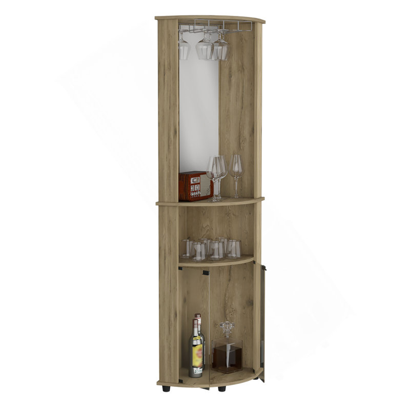Armoire de coin à miroir H 75 "Chicago, avec portes en verre, deux tablettes et verres à pied Macadamia
