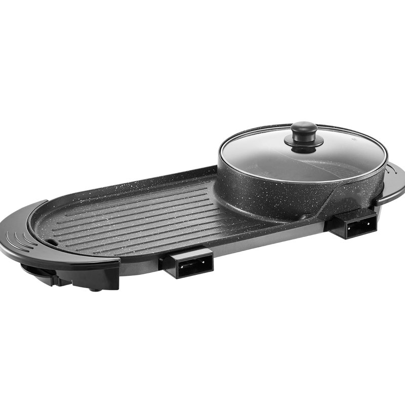 2200W électrique 2 en 1 pour 6 personnes, marmite chaude de 2,7 L et gril, réglage de la température en continu, revêtement antiadhésif, facile à nettoyer, fonte rapide d'aluminium et de gril, grande capacité, surface à deux poignées,