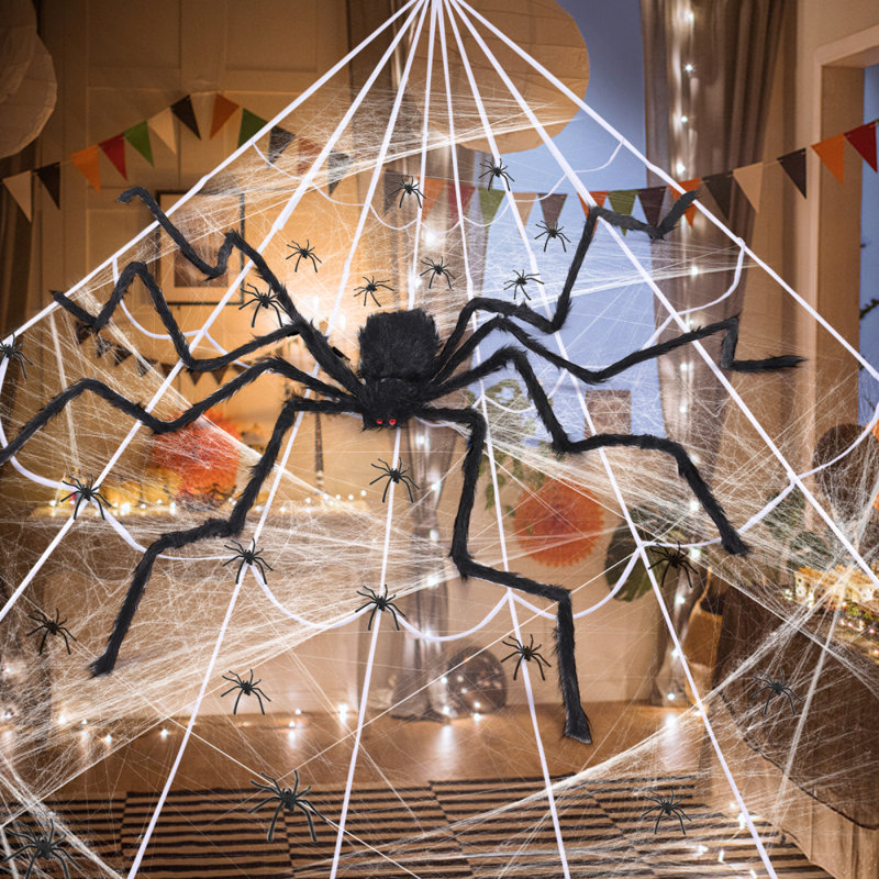 Kit de décoration d'Halloween araignée noire - Araignée noire + toile blanche triangulaire (5M) + petite araignée (20) + coton (40G)