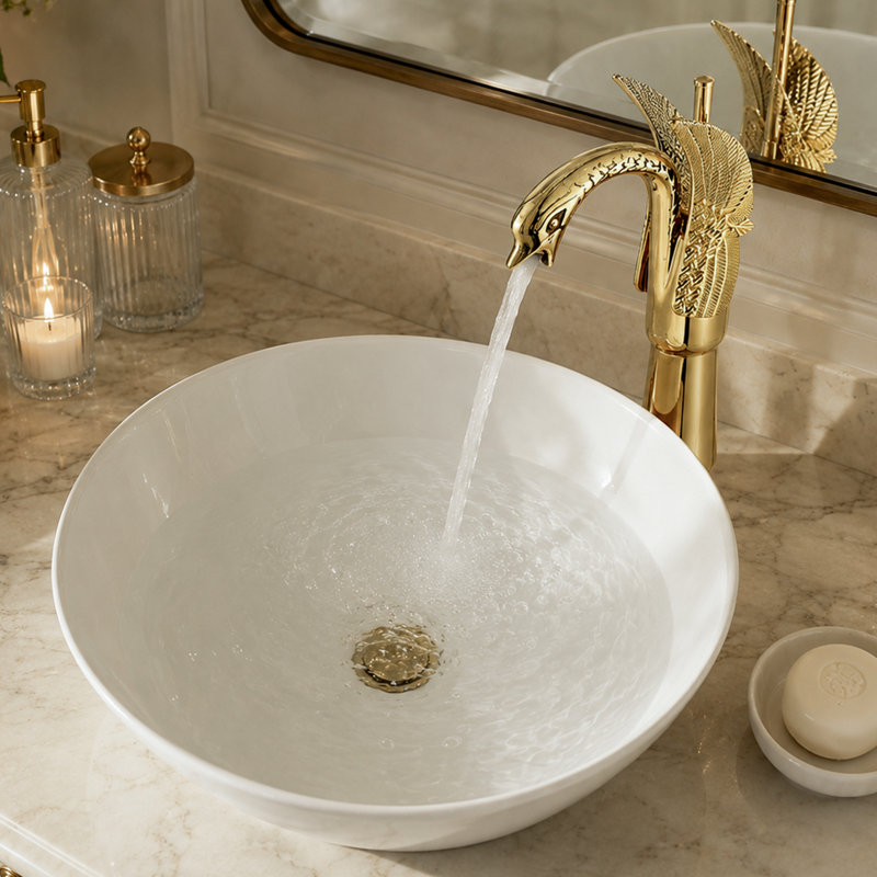 Robinet pour vasque de salle de bain monocorps et monocommande Swan, Doré