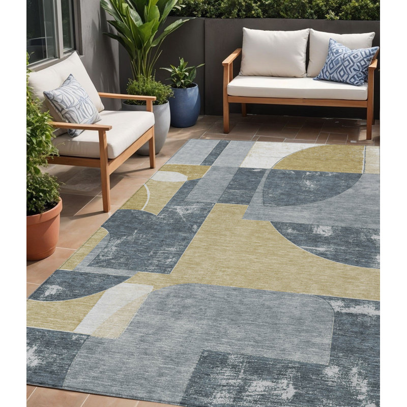 Tapis extérieur lavable à motif géométrique gris et doré 5 pi x 8 pi
