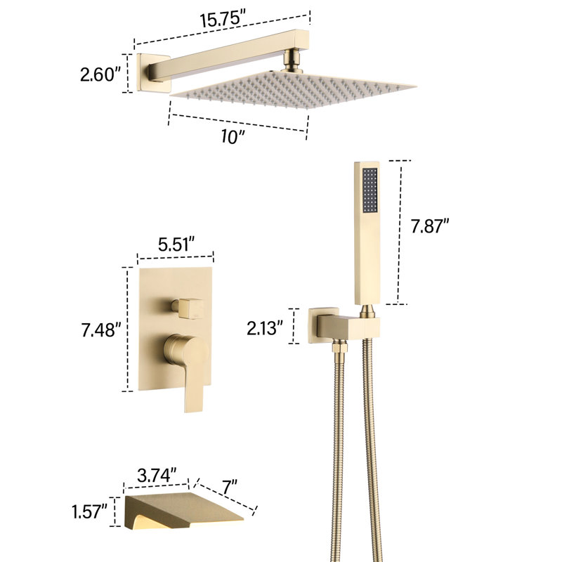10Inch Shower Head System, Wall Mounted, Ceramic Disc, Balanced, Brushed Gold Embrace 10" Mounted Head, Rainfall, System