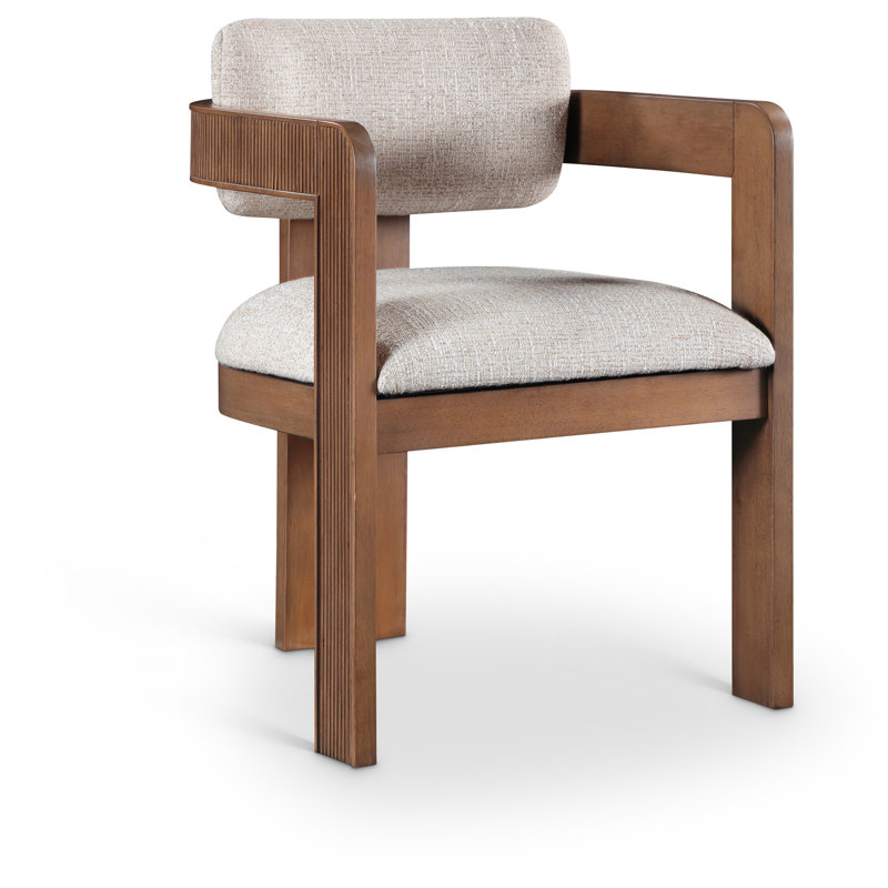 Sacha Frink Upholstered Dining Arm Chair, Beige Linen Textured Fabric, Brown Walnut