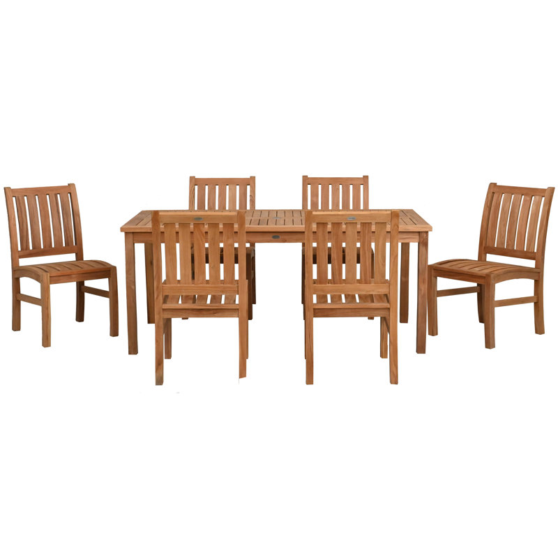 7 Piece Teak Wood Outdoor Patio Bistro Dining Set Including Rectangular Table With 6 Abaco Side Chairs