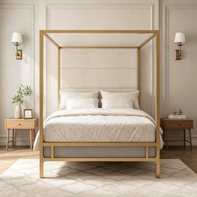 Structure de lit à baldaquin moderne à 4 colonnes Modern Gold, tête de lit tapissier en lin de 76,5 po de hauteur, lit plateforme en métal, sommier tapissier requis