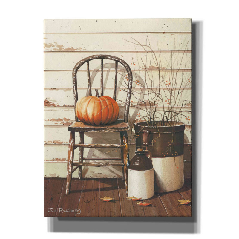 «Pumpkin & Chair» par John Rossini, art mural sur toile, H 16 po x l 12 po x P 0,75 po