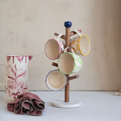 Mango Wood Mug Rack with Marble Base and Ball Topper