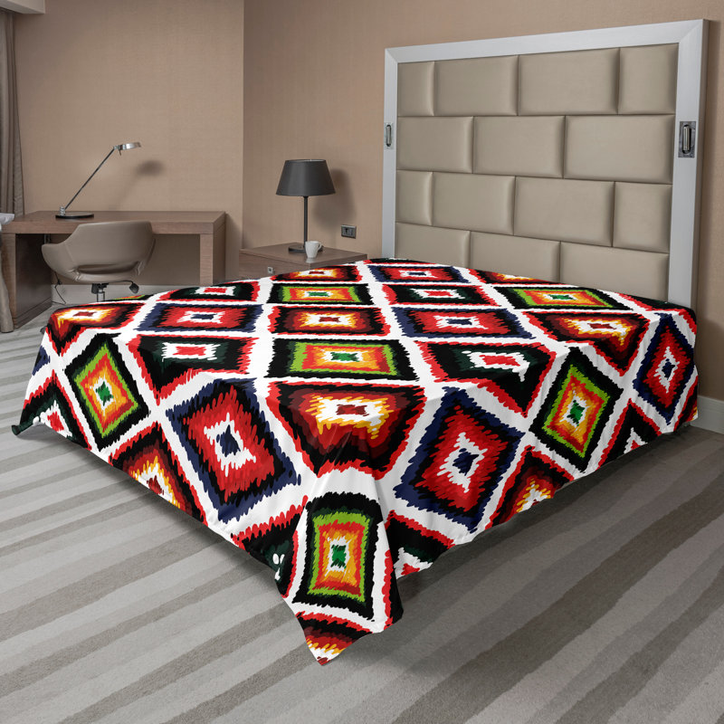 Ambesonne Top Flat Sheet Curving Art, Multicolor Ikat, California King Flat Sheet