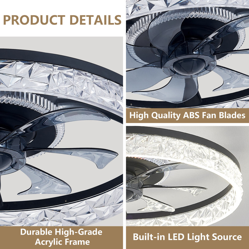 18.9" Ceiling Fan With Light, 3 Color Temperature RGB Dimmable LED, Timer Function For Bedroom Living Room, Black