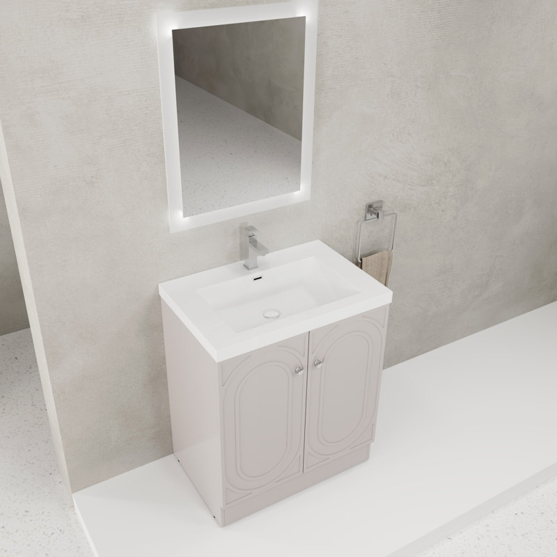 Meuble-lavabo autoportant avec lavabo en résine blanche et 2 portes d'armoire à fermeture en douceur (emballage KD), 30"