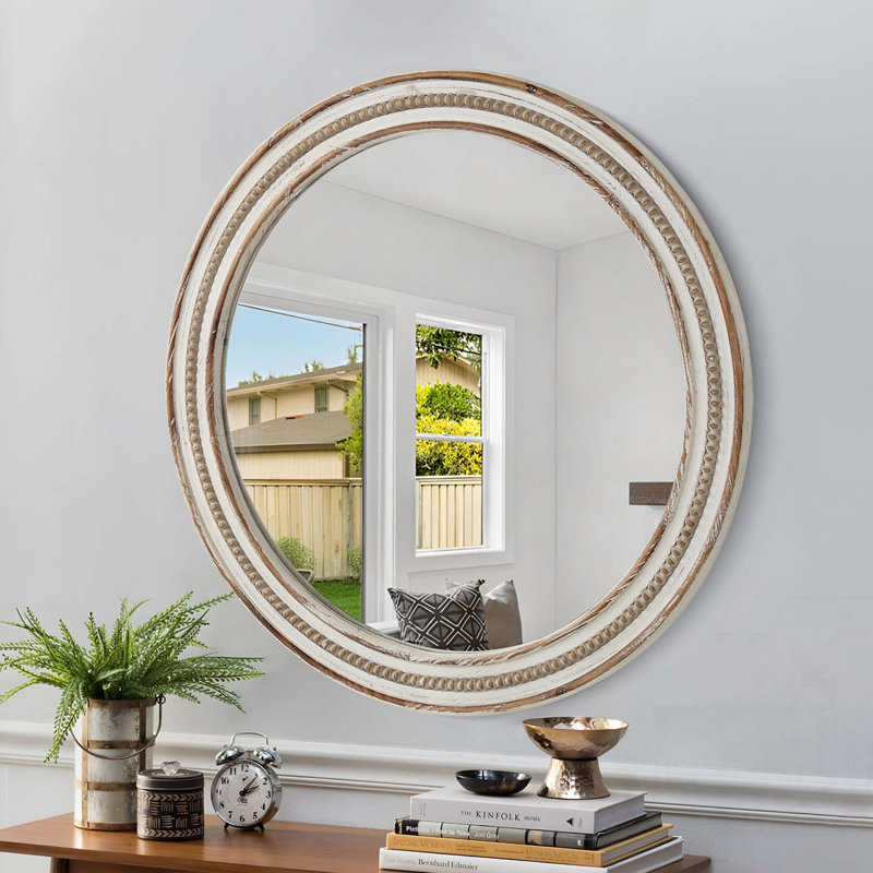 Miroir décoratif rond en bois pour mur, conception de cercle rustique avec des perles pour la maison et le bureau