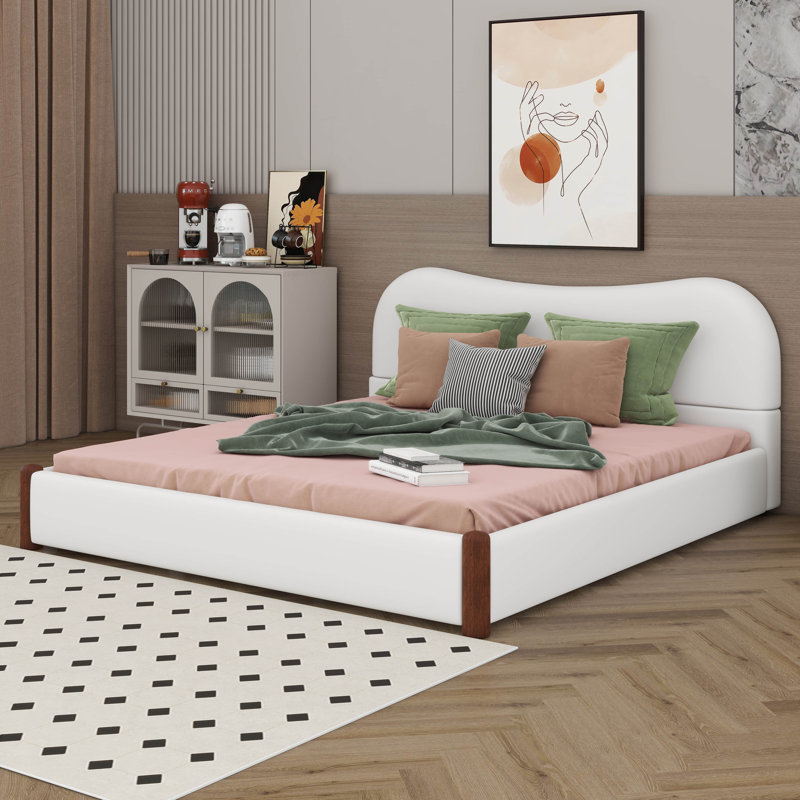 Structure de lit en bois avec tête de lit, lit plateforme tapissier avec pieds de soutien en bois, structure de lit Cloud