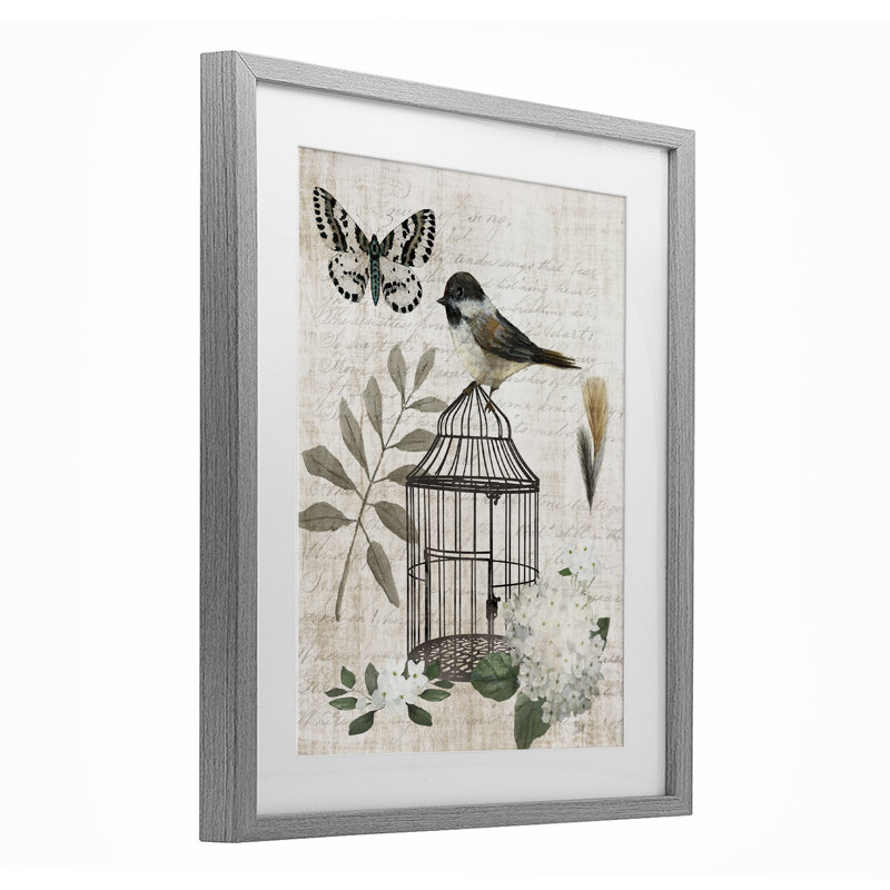 «Vintage Menagerie Bird Florals», reproduction encadrée sous verre, design par Nan, H 16 po x l 13 po, Cadre de ferme gris