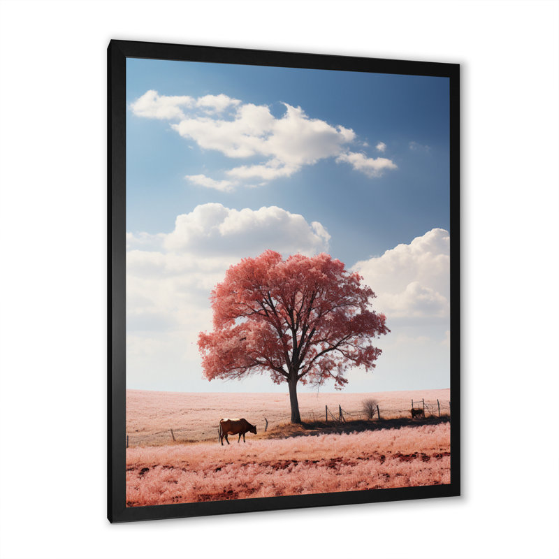 Pink Tree Tranquil Fields - Landscapes Canvas Art Print, H 32 po x l 24 po x P 1 po, Cadre photo noir