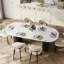 Table de salle à manger moderne 71 "ovale en faux marbre 4-6 personnes, double colonne romaine avec pieds noirs et table de cuisine minimaliste moderne pour le salon-338527381-356149421-353320131