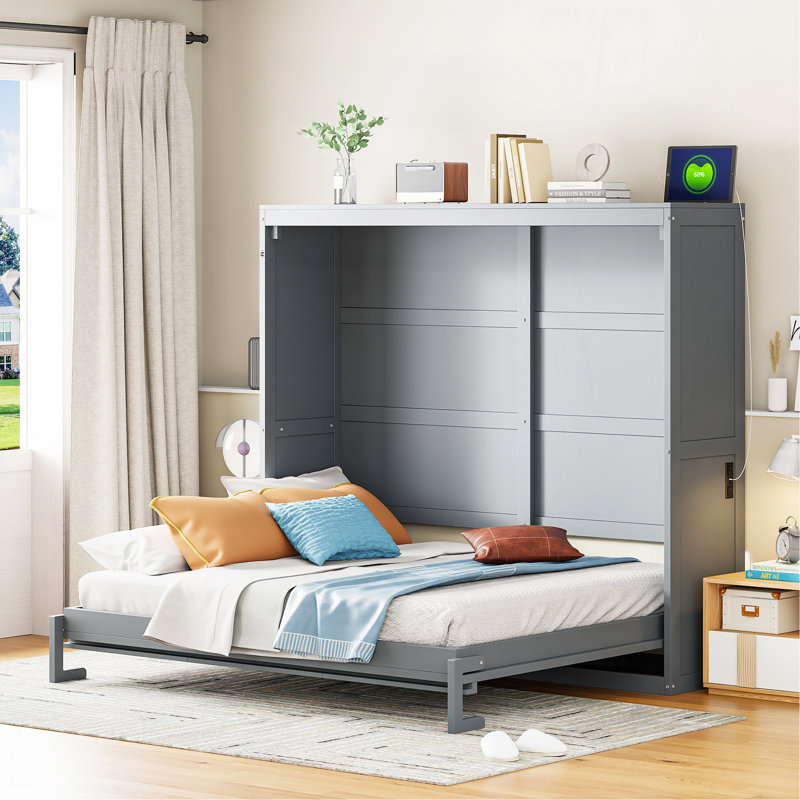 Lit escamotable double pleine grandeur, gris, Gris, Lit double