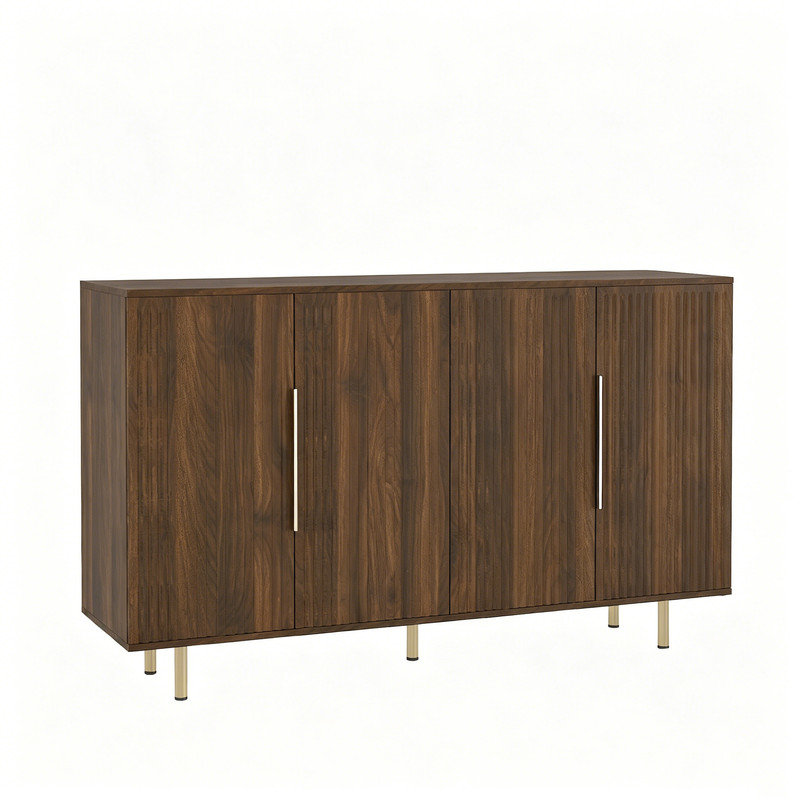 Buffet Buffet à finition noyer avec pieds et poignées en métal doré, crédence de rangement moderne à 4 portes de style Mid-Century avec tablettes réglables pour le salon ou la salle à manger