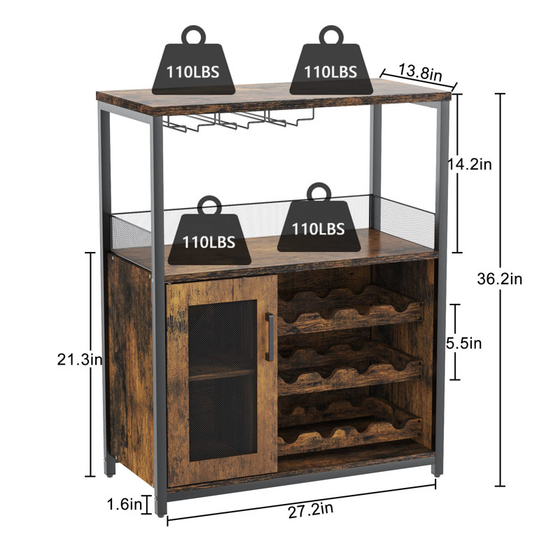 Coffee Wine Bar Cabinet With Storage And Detachable Rack, Farmhouse Sideboard And Buffet Cabinet With Glass Holder And Mesh Door, Liquor Coffee Bar Cupboard
