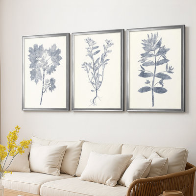 Navy Botanicals I  -Custom Framed  Wrapped Gallery Canvas - 3 Pieces