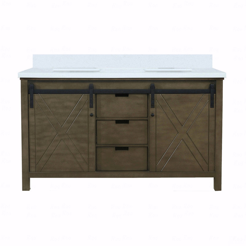 Meuble-lavabo double 60 po x 22 po, Quartz blanc, Brun