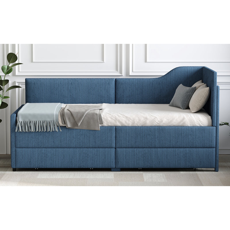 Lit de jour simple en forme de L en bleu, avec tissu en velours côtelé et 2 tiroirs spacieux, 12 lattes - lit élégant et stable avec cadre de rangement bleu