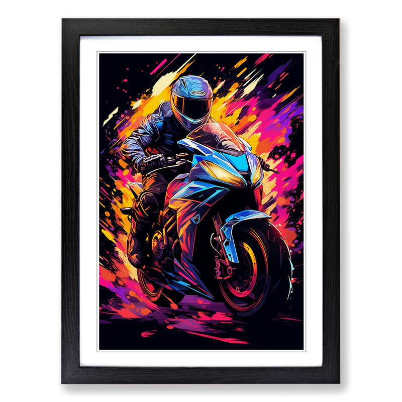 Motorbike Digital 1 Piece Single Picture Frame Wall Art, 64cm H x 46cm W x 2cm D, Black Framed