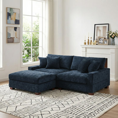 Canapé modulaire rembourré en chenille bleu 3 pièces avec coussins décoratifs et repose-pieds amovibles
