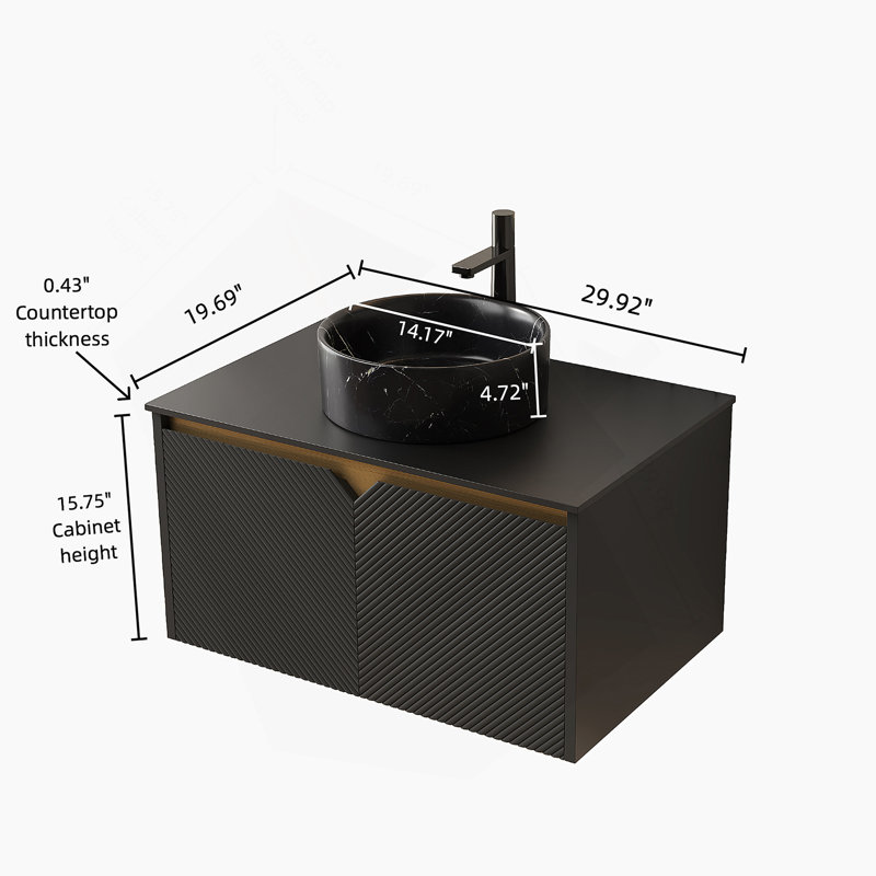 Meuble-lavabo 30 po, meuble de rangement mural en contreplaqué flottant, portes doubles en sergé avec garniture en métal, vasque ronde en céramique noire avec motif en pierre et plateau en pierre frittée noire, noir