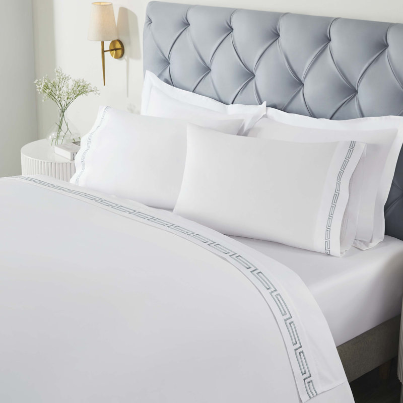 Harrison Cotton Greek Key Embroidered Deep Pocket Bed Sheet Set by Superior, King 4pc Set, White/Silver