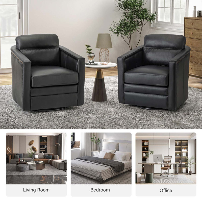 Marion 28.74'' Wide Genuine Leather Swivel Chair (Set of 2), Black Genuine Leather