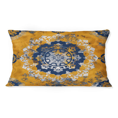 Coussin lombaire à motif mandala doré bleu et jaune d'inspiration bohémienne